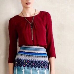 Anthropologie Maeve Top sz 10 Emmeline Swiss Dot Blouse Burgundy Scalloped Hem